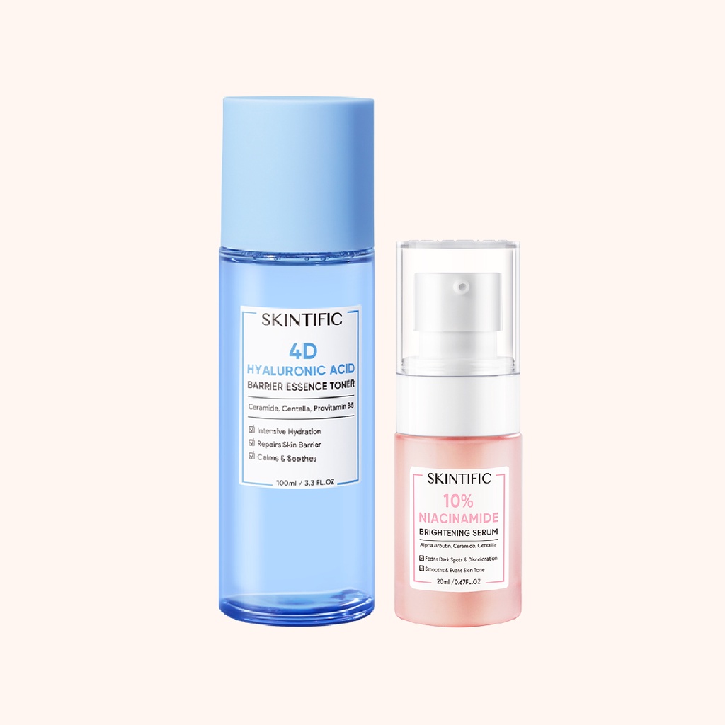 【Skintific Outlet Official】SKINTIFIC Glowy Skin Set / 4D Hyaluronic Acid (HA)  Barrier Essence Toner &amp; 10% Niacinamide Brightening Serum (Toner Pelembab + Serum Mencerahkan)【BPOM】