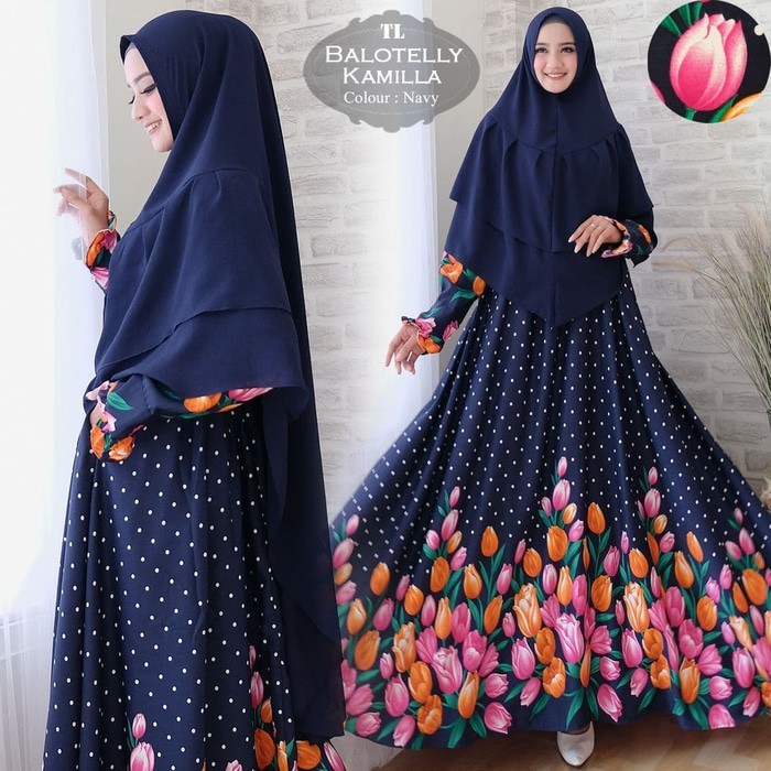 TRENDY Pakaian wanita muslim syari setelan ramadhan lebaran navy biru tua dongker gamis dress muslim
