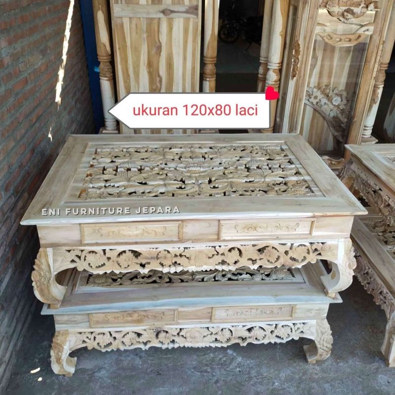 Meja Ketapang Jati 2 Laci Ukir Jepara - Meja kopi Ukir - Meja Tamu Ketapang Jati - Meja Lesehan Ukir