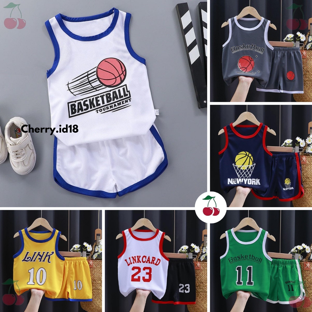 Cherry COD Setelan Baju Basket Anak Import Bahan Jersey / Baju Anak Laki Laki / Baju Singlet Anak / Baju Oblong Anak SB39