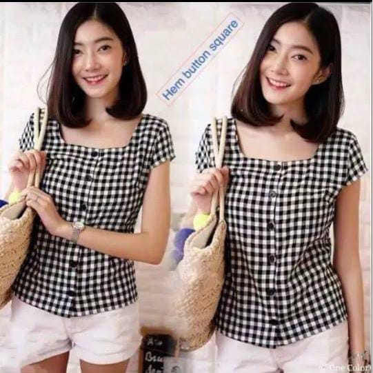 BDG_STYLE HEM BUTTON SQUARE/KEMEJA KOTAK/ATASAN WANITA/KEMEJA WANITA/ BISA COD