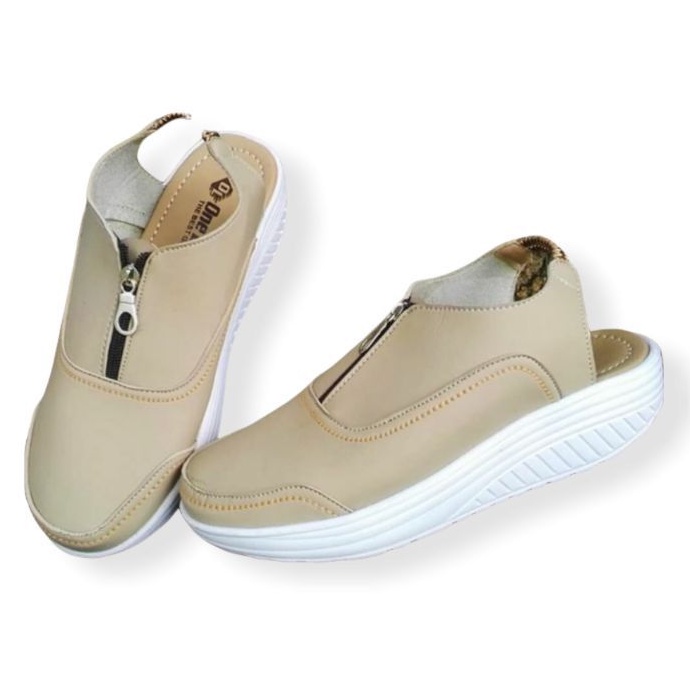 One Love Sepatu tutong wedges wanita resleting ritz tengah tanpa tali ready Medan warna krem dan tan