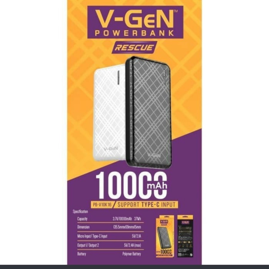 POWERBANK V-GEN RESCUE PB-V10K16 10.000 MAH TYPE C INPUT POWERBANK SLIM