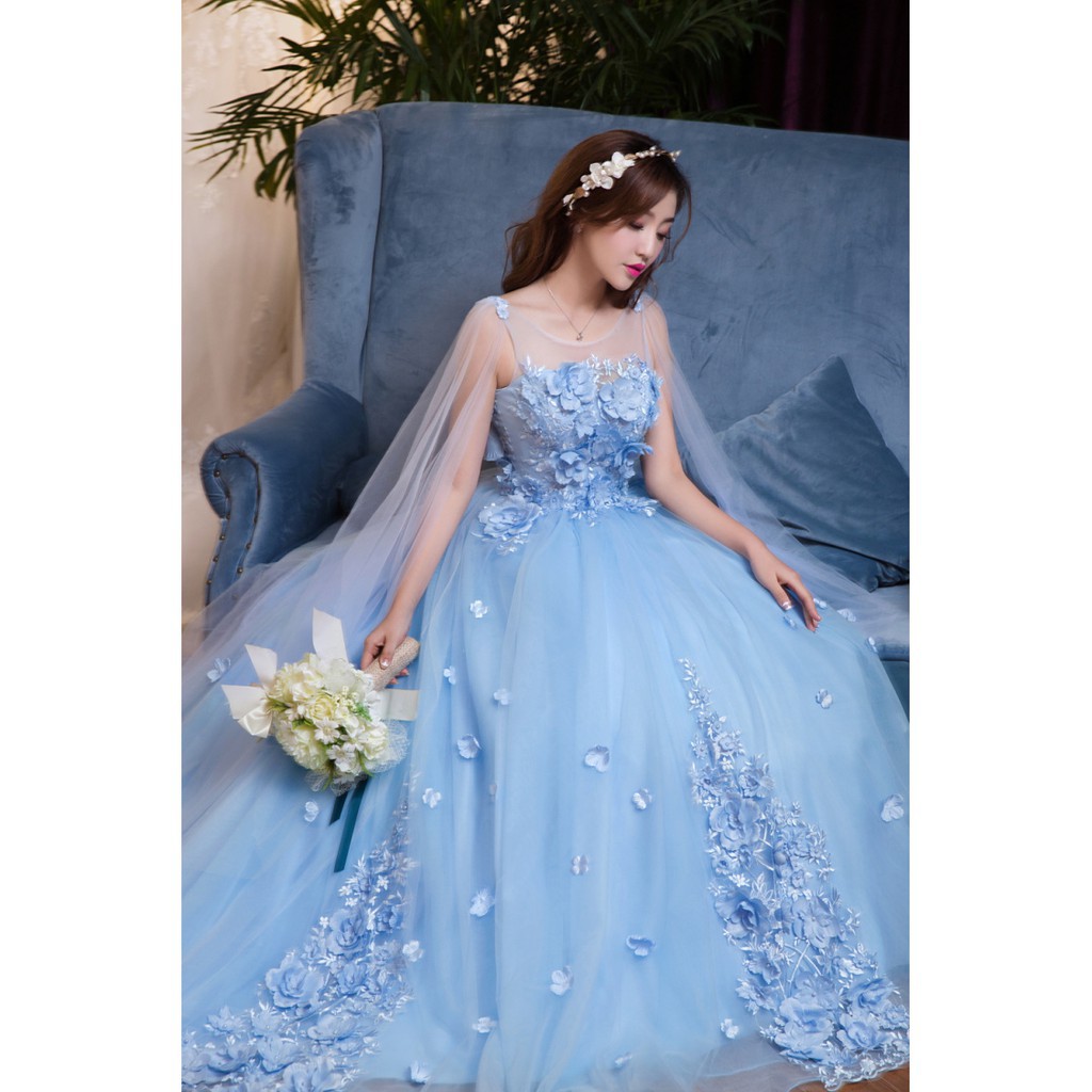 MODEL KOREA KPOP NEW ASLI MEWAH ELEGAN S// Dress Lace Bertali Warna Biru Kualitas Tinggi untuk Pesta