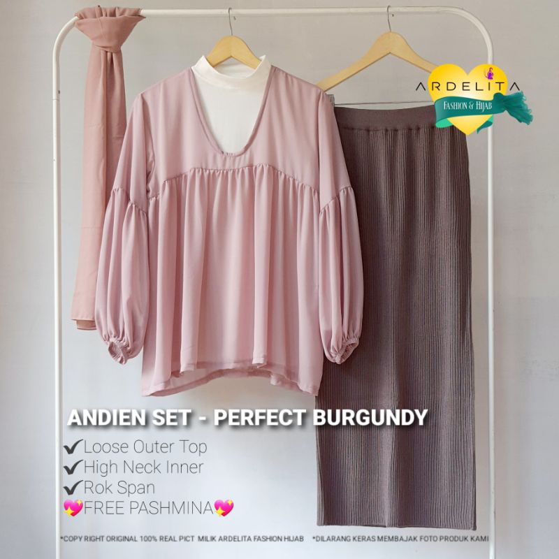 ANDIEN SET HEMAT  LENGKAP  PROMO  ORI 100%  OUTER  SPAN  SET  FREE  PASHMINA/OOTD HIJAB VIRAL SELEGRAM/SETELAN ROK WANITA TERBARU/ OOTD WANITA SET / BAJU OOTD WANITA HIJAB / OOTD WANITA / BAJU SET / SATU SET PAKAIAN WANITA