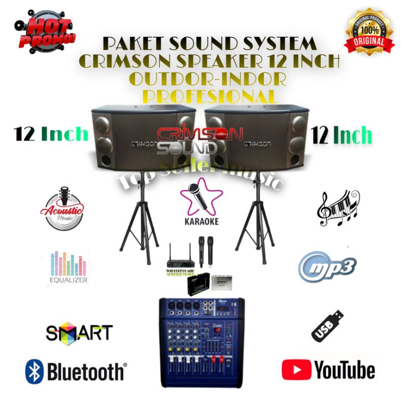 Melodix PAKET SOUND OUTDOR-INDOOR KARAOKE CRIMSON SPEAKER 12INC MIXER POWER 2 MIC WIRELESS
