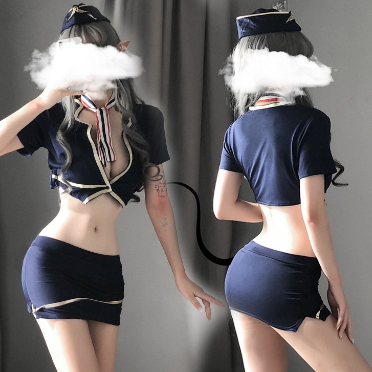 Sexy Lingerie Wanita Seksi Hip Rok Seragam Pramugari Rok Pendek Cosplay Lingerie 3A368