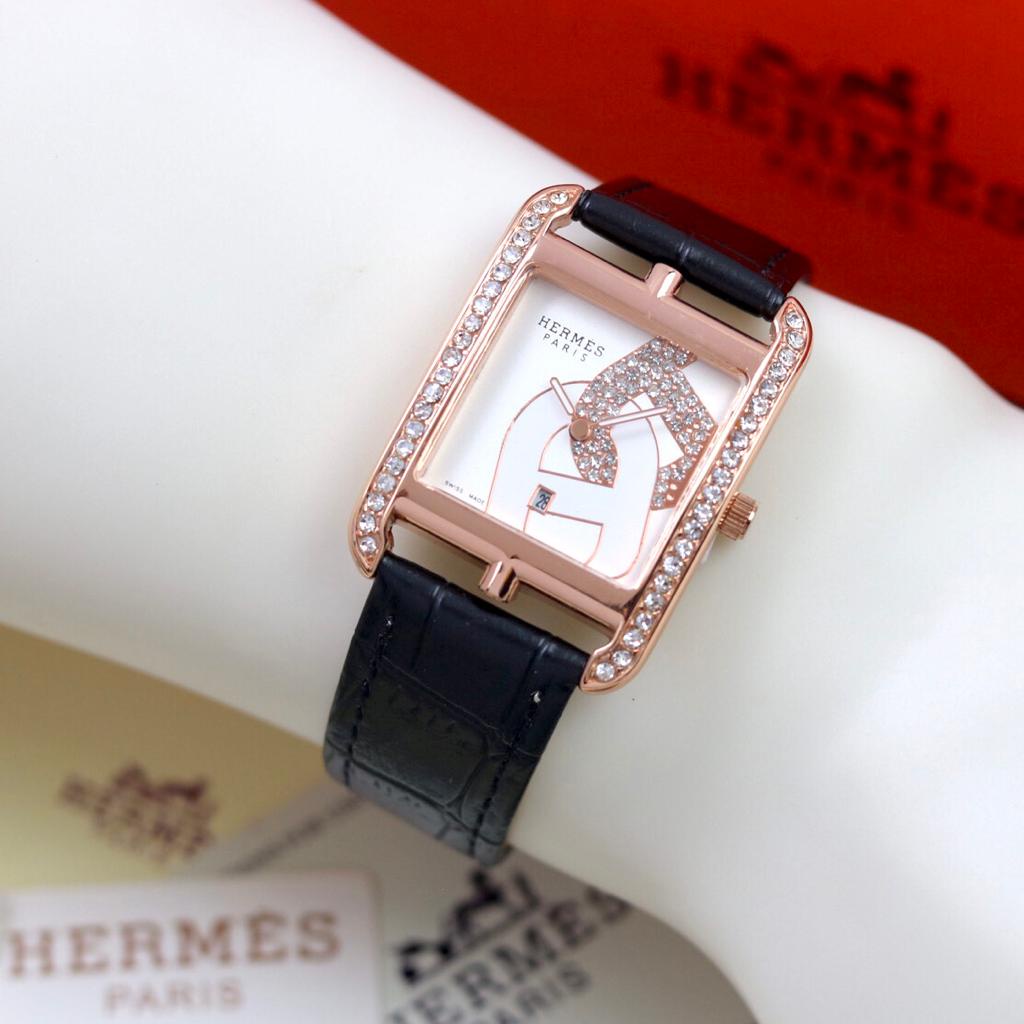 Jam Tangan Wanita Y4906K Tali Kulit Terbaru Plat Motif Tanggal Aktif Free Box Exclusive &amp; Baterai