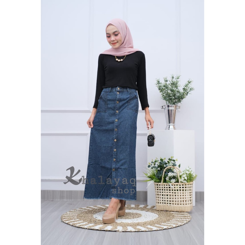 ORIGINAL Rok Jeans Panjang Gisca Kancing Depan Black Snow Blue Nevy bisa COD