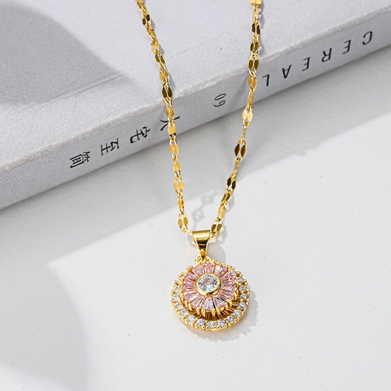 (Bisa berputar) Kalung Rantai Baja Titanium 100% Wanita, pink lucky round pendant dengan berlian, choker fashion Korea grosir