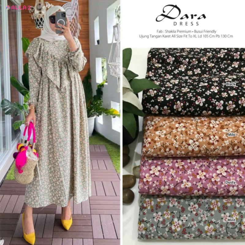 DARA DRESS BY ALILA2 / GAMIS MOTIF FLOWER BERBAHAN SHAKILA PREMIUM QUALITY / MAXI DRESS TERBARU