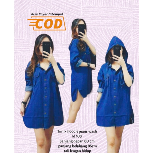 TUNIK JEANS HOODIE WASH TUNIK JEANS WANITA (bisa bayar ditempat)