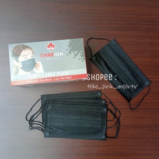 MASKER 3PLY EARLOOP EARLOP DISPOSABLE DISPO CAREION 3PLY HITAM BIRU TEBAL ISI 50 PCS WITH BOX ATO PACK