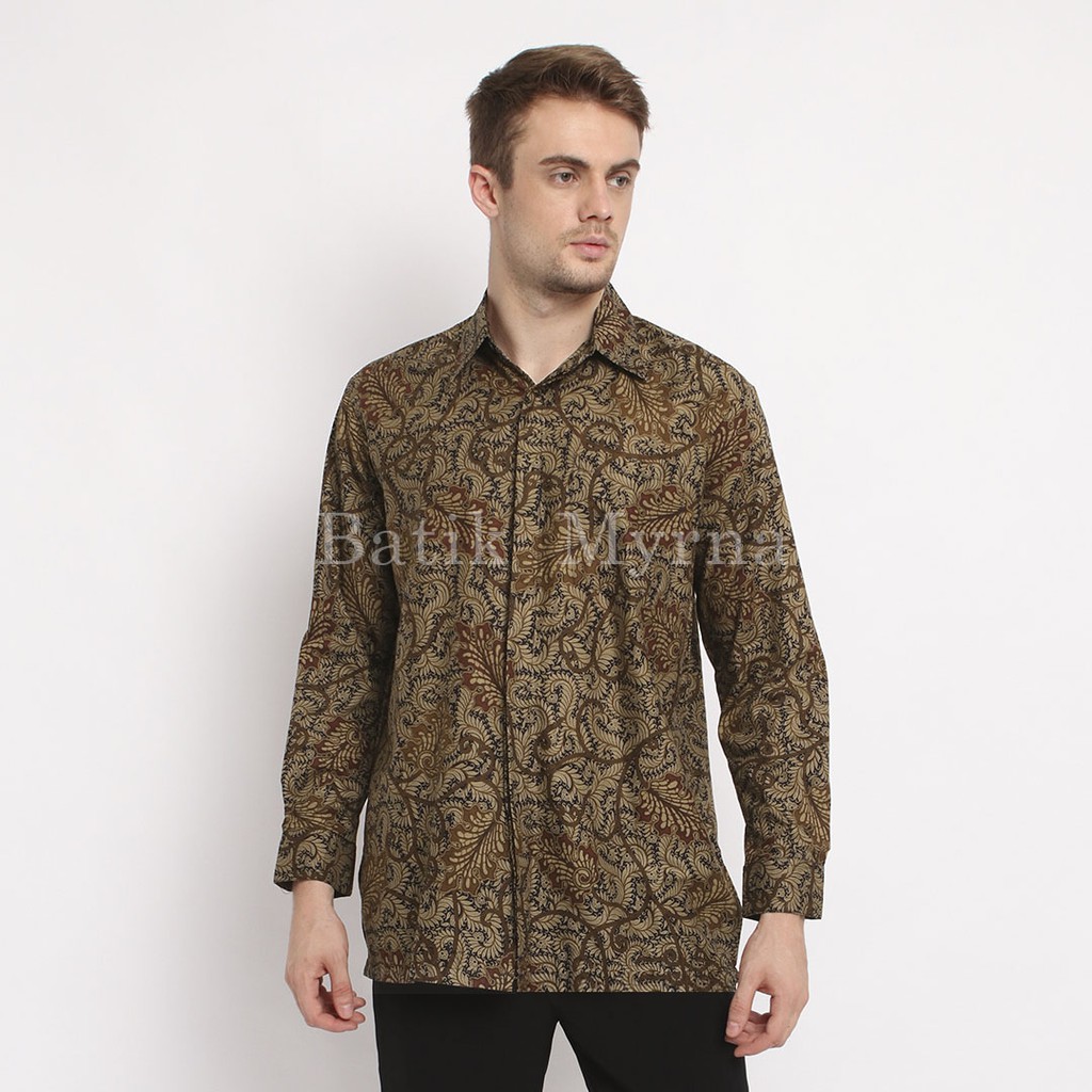 Produsen Batik Myrna - Kemeja Batik Lengan Panjang Baju Atasan Pria Motif Daun Coklat EWN8nbhLWmZWZY
