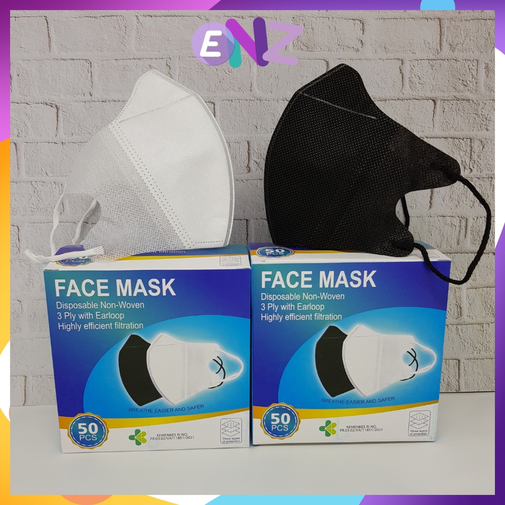 ENZ ® Masker Duckbil FACEMASK 3Ply isi 50Pcs Putih Hitam Duckbill Earloop Mask Kemenkes 1027