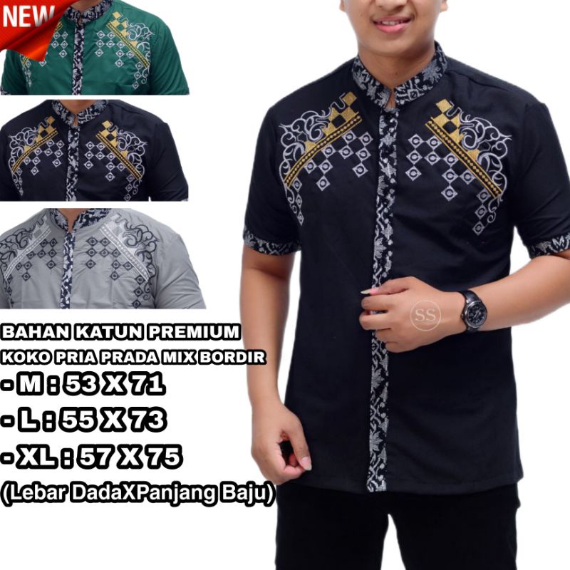 TERBARU Pakain Muslim Pria Koko Batik Pria Kombinasi Bordir Lengan Pendek Perwira Hem Baju Batik Pria Lengan Pendek M L XL XXL