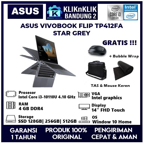 LAPTOP 2IN1 ASUS VIVOBOOK FLIP TP412FA CORE i3 GEN 10110U 4GB GREY