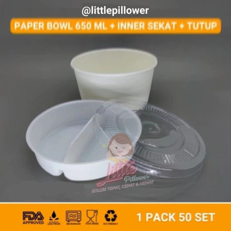 Paper bowl 650ml + inner sekat + tutup - mangkok sup - ricebowl paper