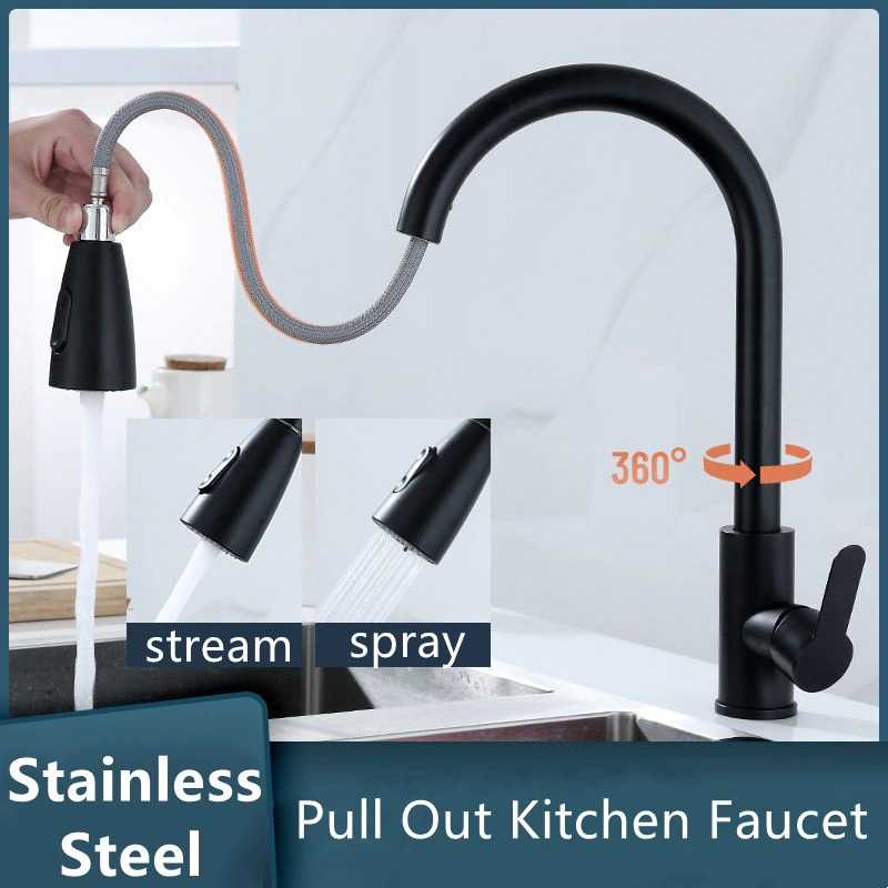 Keran Air Bathroom With Pull Out Rinser Sprayer Faucet Desain Elegan Perlengkapan Dapur Kran Cuci Piring Stainless Steel