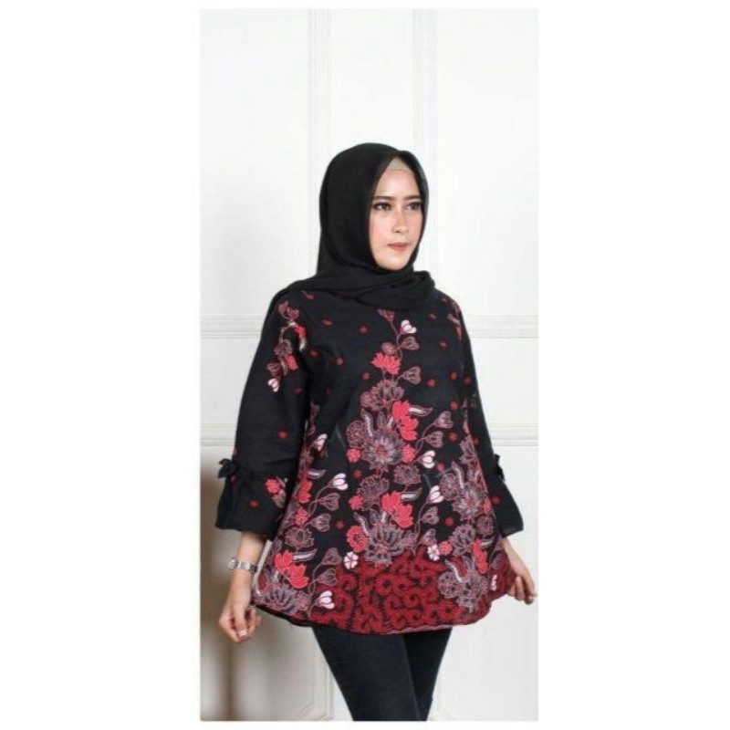 Batik couple keluarga Sania ruffle ORI ndoro jowi motif sakura merah-Blouse