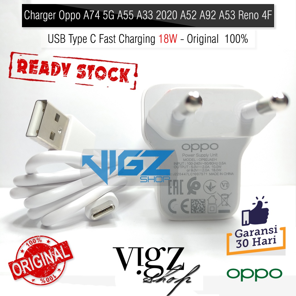 Charger Oppo A74 5G A55 A33 2020 A52 A92 A53 Reno 4F 18W USB Type C Fast Charging 18W Original 100%