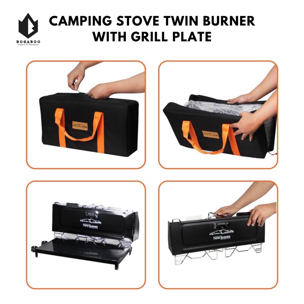 Kompor Camping Dhaulagiri Twin Burner With Grill Plate - Kompor Lipat Camping 2 Tungku / Double Burner - Windproof Gril And Pan