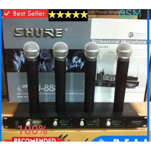 Shure channel mic karaoke mikrophone Wireless microphone wireles pro suara audio sound sistem vokal vocal mik profesional panggung dj studio  4 CHANNEL 1bh reciever display digital  4bh mic pegang Wireless 1bh kabel audio output  Shure 8888 UHF  jarak mic