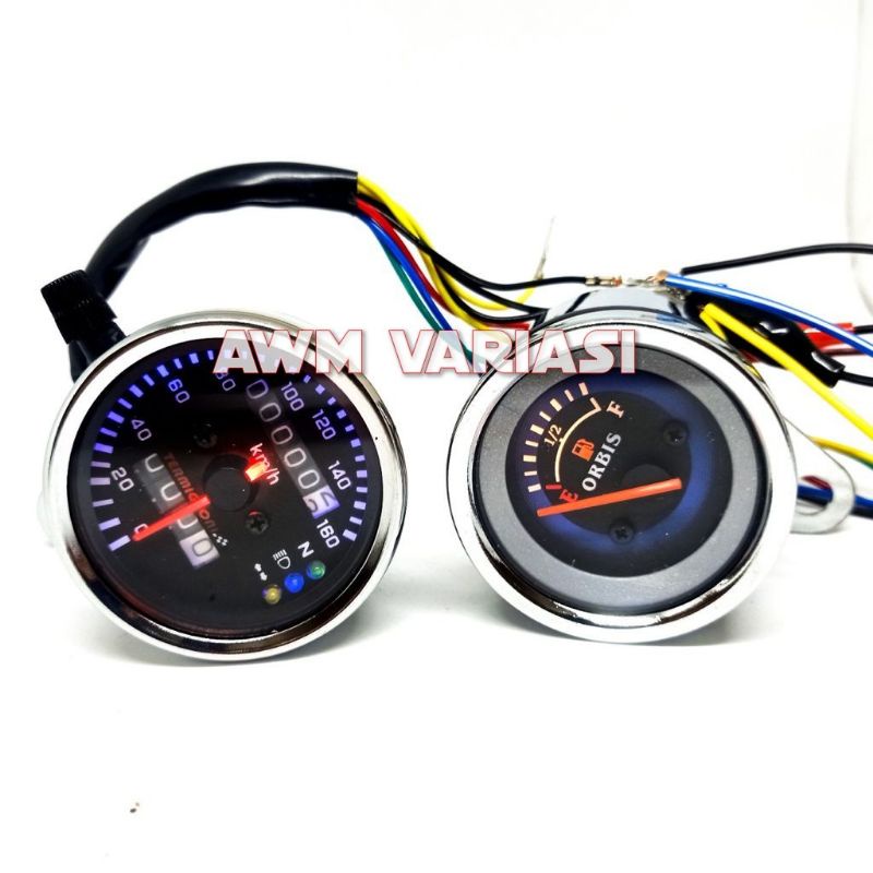 [1 PAKET]SPEEDOMETER KILOMETER + AMPERE AMPER BENSIN  VARIASI UNIVERSAL SEMUA MOTOR BODY CROME