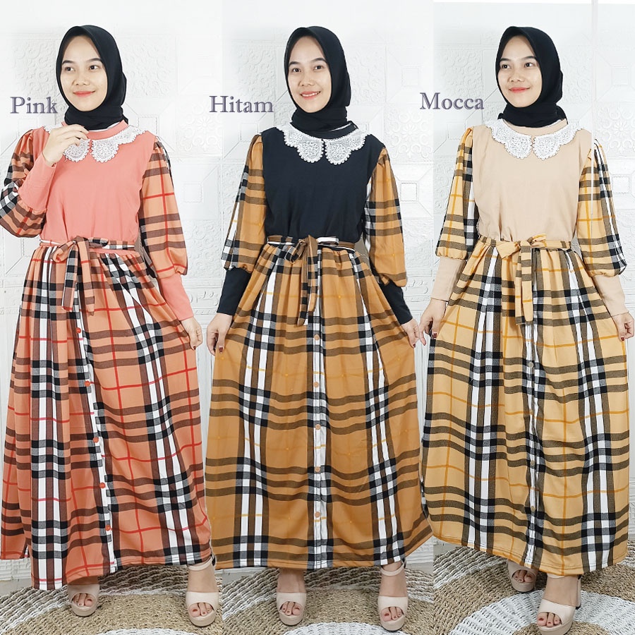 DRESS MIDI KOTAK BURBERRRY RENDA CANTIK WANITA GL FASHION