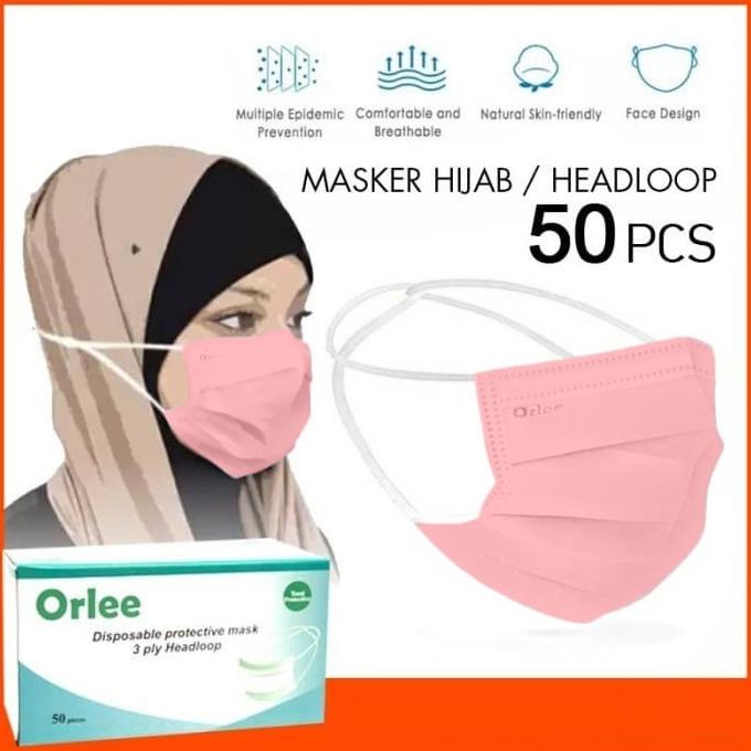 Murah Masker 3 Ply 3Ply Headloop Hijab Orlee Original Kemenkes Pink Isi 50