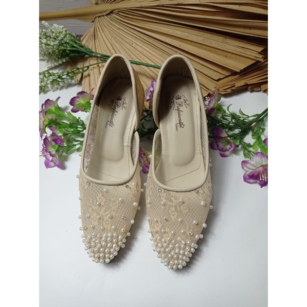 sepatu maida cream mutiara cantik 7cm kaca