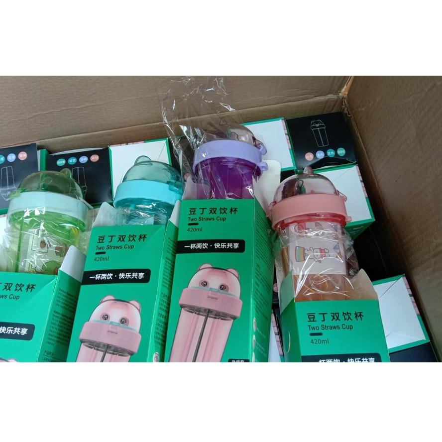 [KODE P98R7] BOTOL MINUM DUA SISI/BOTOL 2 TEMPAT KEPALA BERUANG 420 ML ADA SEDOTAN DAN TALI FREE STI