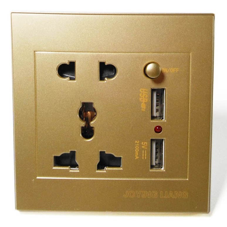 Stop Kontak Universal UK EU US &amp; 2 Port USB On/Off Switch - Golden