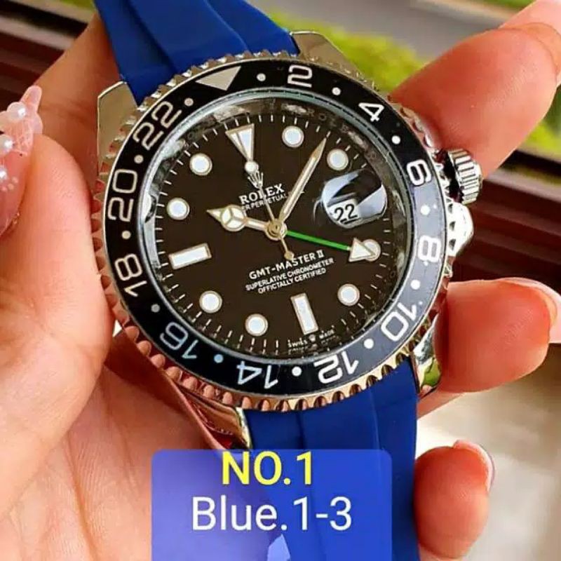 JAM TANGAN PRIA ROLEX RLX799 GMT MASTER II 4 JARUM RING BISA DI PUTAR