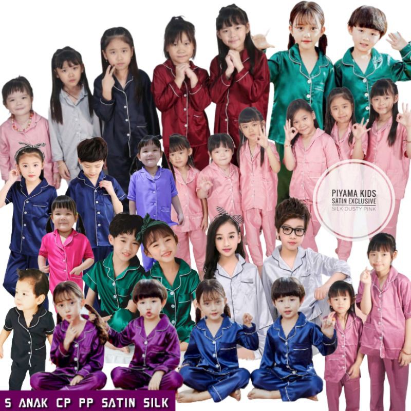 PIAMA ANAK LENGAN PANJANG SETELAN CELANA SATIN SILK POLOS