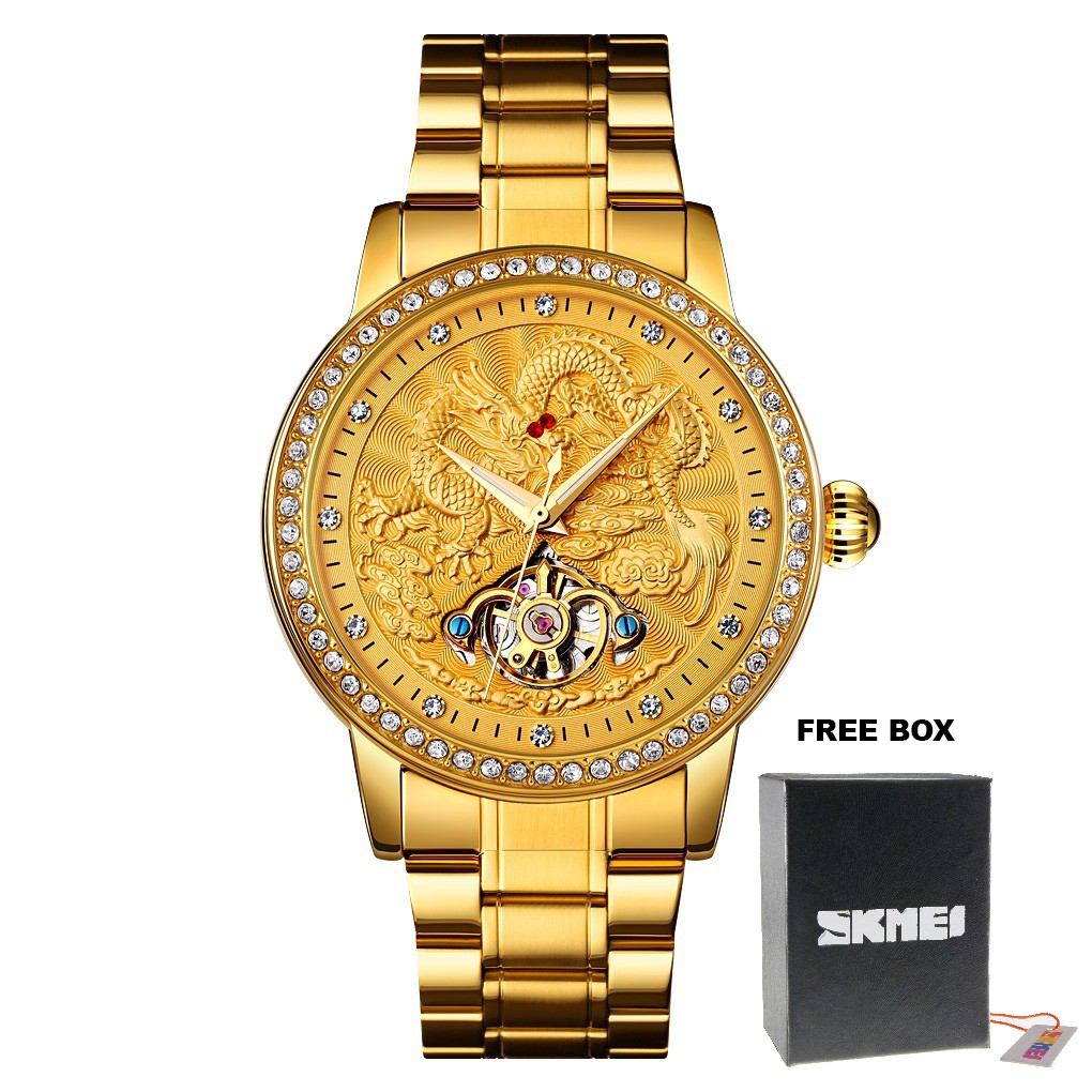 FREE BOX Premium SKMEI 9219 Luxury Automatic Mechanical Men Watches Dragon Diamond Hollow Watch