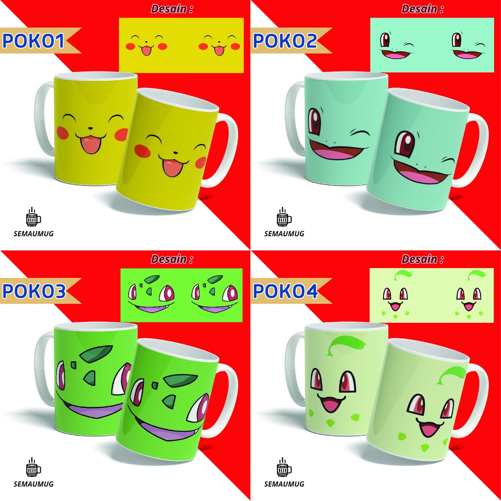 MUG POKEMON ASH PIKACHU BULBASAUR KADO GELAS CANGKIR  PRINT CUSTOM SEMAUMUG