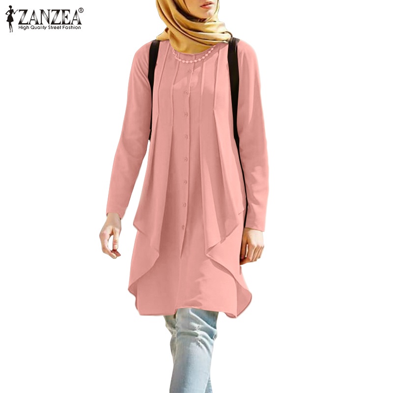 ZANZEA Women Fashion Casual O Neck Button Down Irregular Hem Long Muslim Blouse