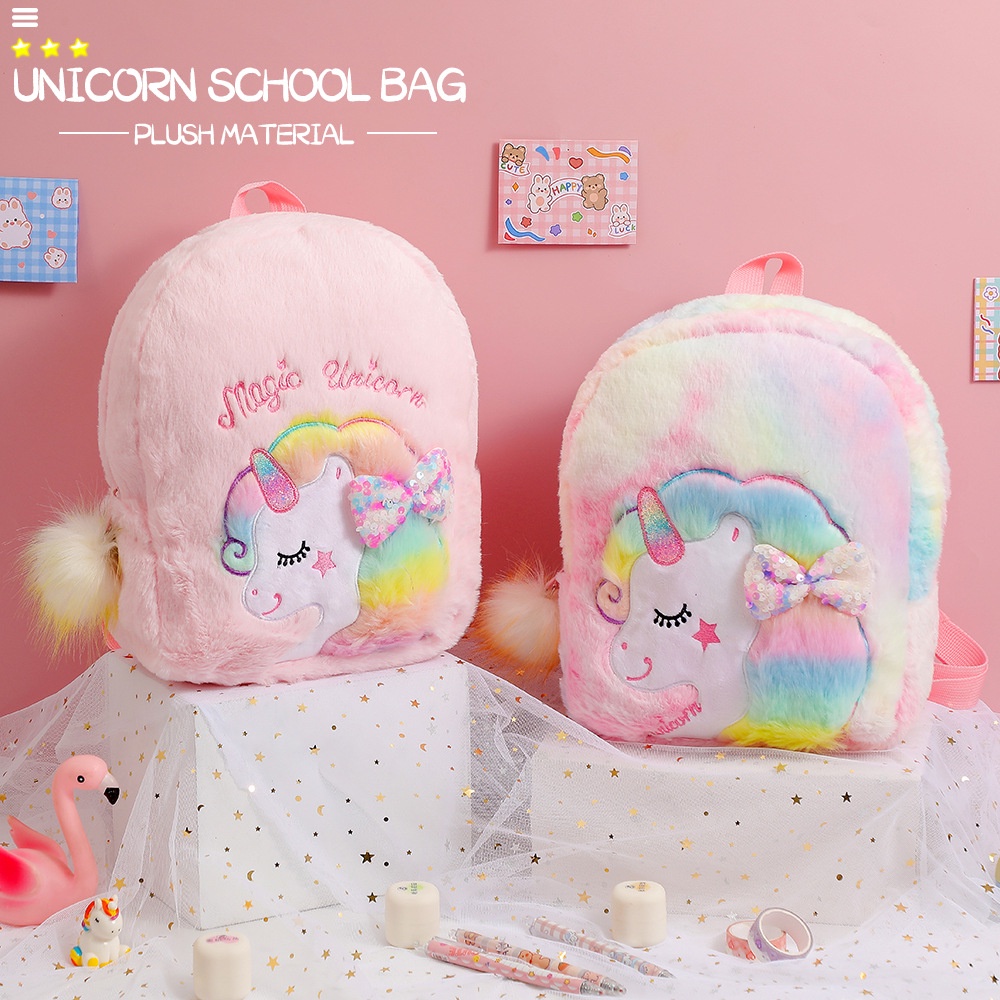 Ransel bulu unicorn anak perempuan Paud/Tk Tas ransel fluffy unicorn Pita pom pom Kado anak perempuan unicorn import berkualitas Tas Blingberry import tas blingberry grosir