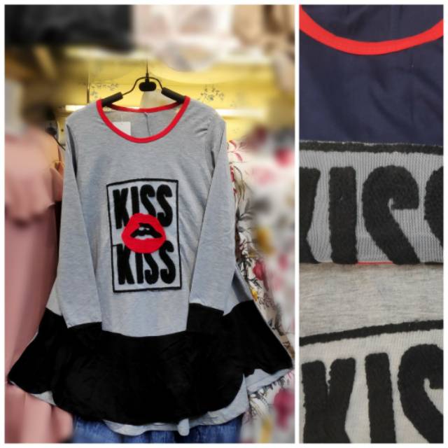 Tunik kaos remaja wanita kiss kombinasi dua warna import