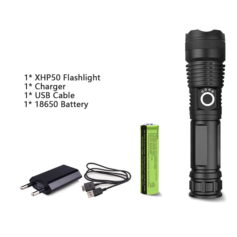 Senter Plus Charger Lampu Emergency Flashlight LED XHP50 PLUS Batre 18650