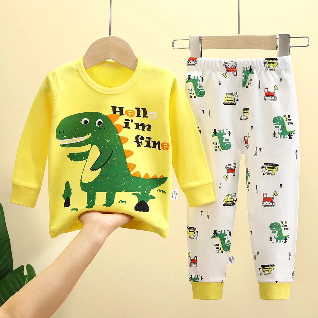 Baju Tidur Piyama Anak Premium Set DINO Bahan Katun Piyama Anak Gambar Lucu Baju Tidur Anak Bahan Katun