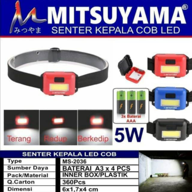 Senter Kepala LED COB 3 Mode Cahaya / Head Lamp Mitsuyama MS - 2036 / Senter Sepeda