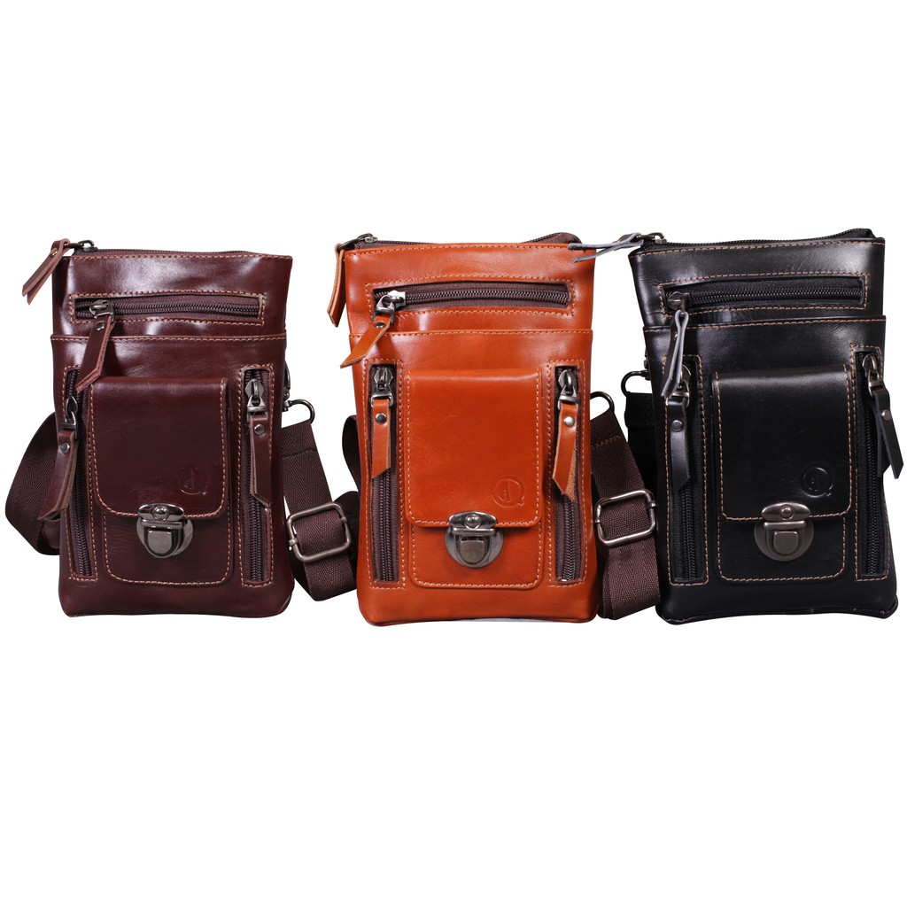 Tas HP Bahan Kulit Sapi Asli QI LEATHER - P053 Tas Selempang Mini Pria Tas Pinggang Cowok Sling Bag