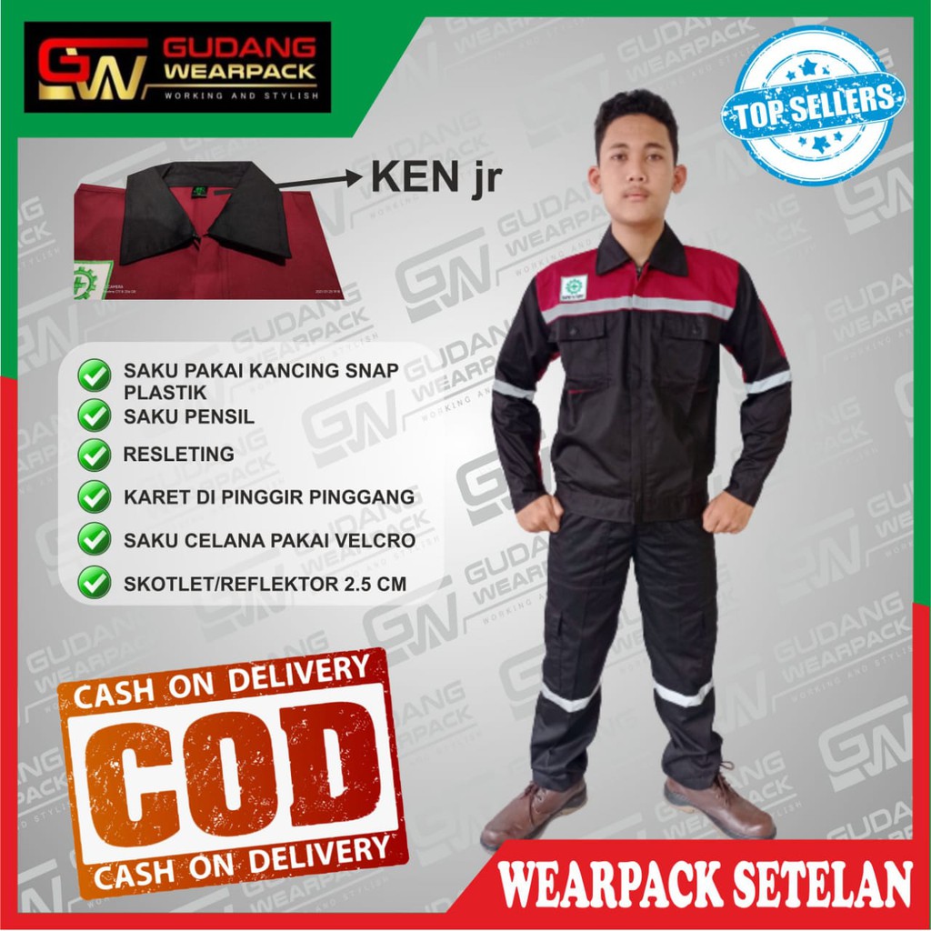 Star Wearpack - Baju Kerja Setelan Baju &amp; Celana Warna Hitam Kombinasi Maroon Lengan Panjang