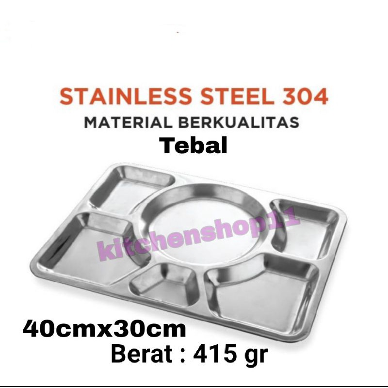 FOOD TRAY Tebal / piring nampan stainless sekat 6 / ompreng rumah sakit sekat stainless / meshtray plato stainless / tempat saji makanan rumah sakit / piring catering 40 x 30 cm / tempat makan