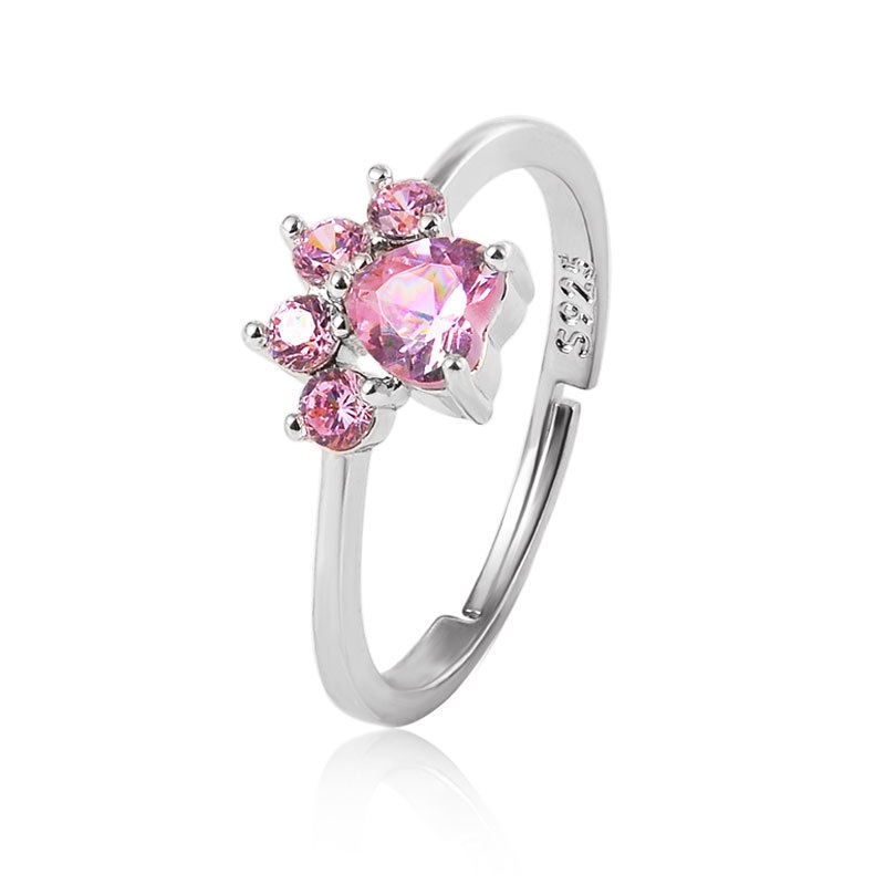 Cincin Open ring adjustable Desain Kartun Telapak Kaki Kucing Hias zircon Untuk Wanita