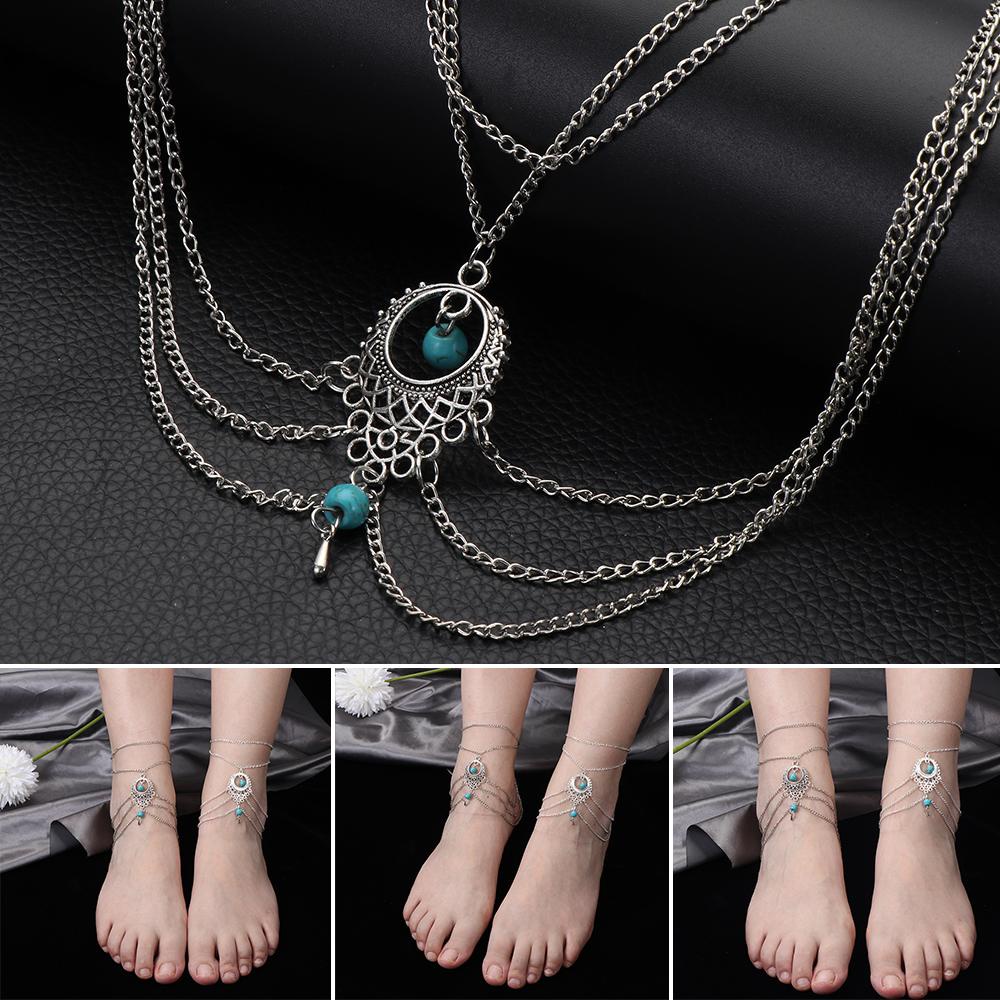 Preva Gelang Kaki Perhiasan Aksesoris Bohemia Gaya Pantai Rantai Tipis Rantai Tebal Rantai Drop Multi-Lapis Memakai Liontin Pirus Turquoise Kaki Perak