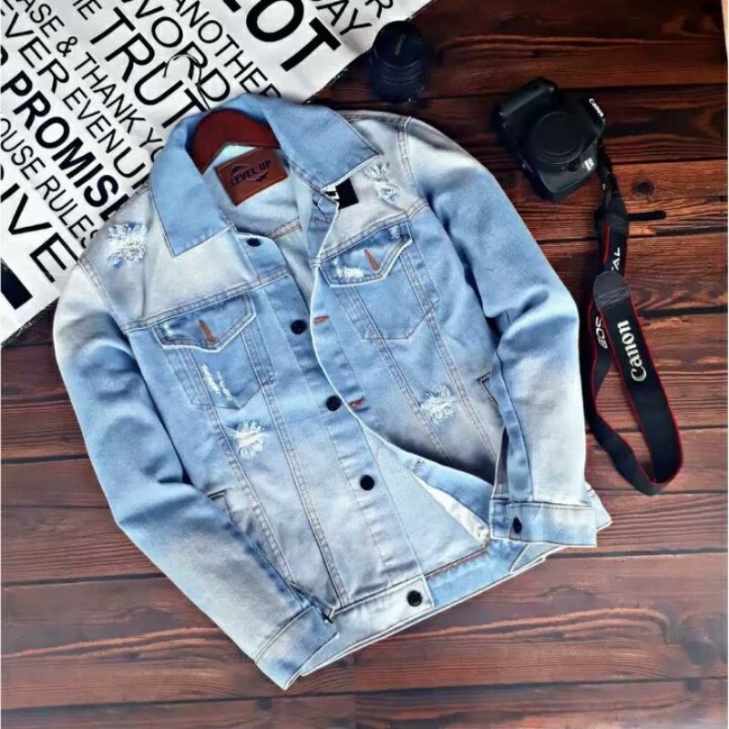 Jaket Jins Denim Sobek Cowok Jeket Jeans Robek Pria Keren Kualitas Import Brand Lokal Original Bandu