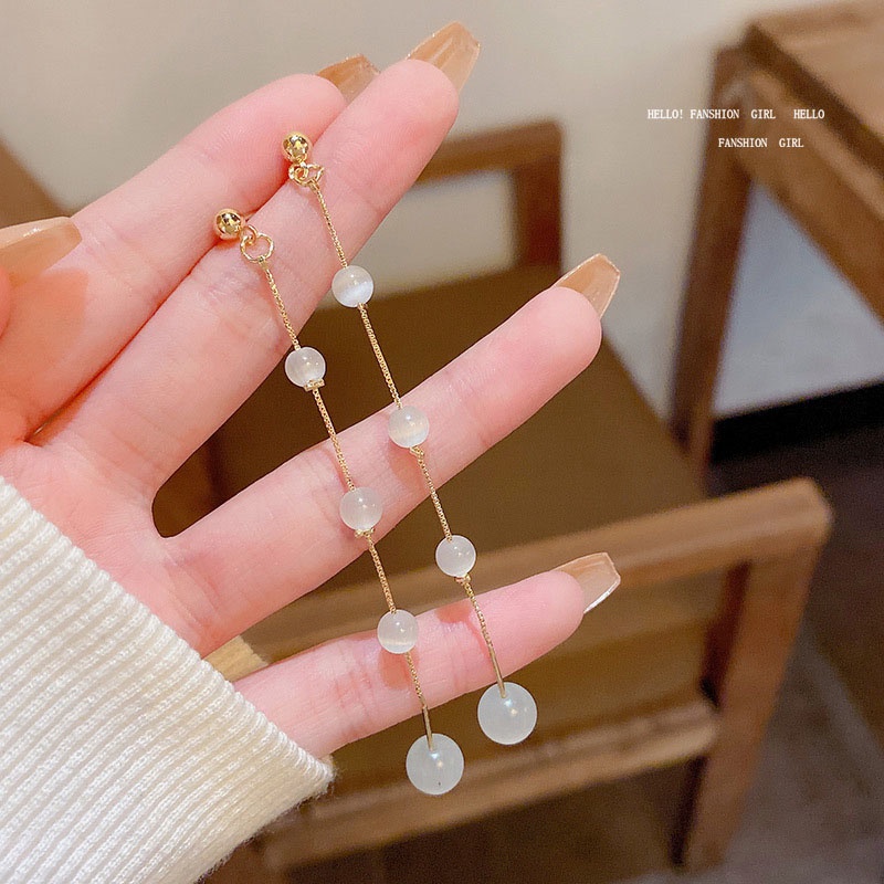 Anting Tusuk Gantung Panjang Bahan Sterling silver 925 Hias Opal Untuk Wanita